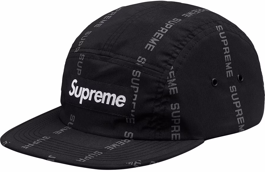supreme-reflective-text-stripe-camp-cap-black