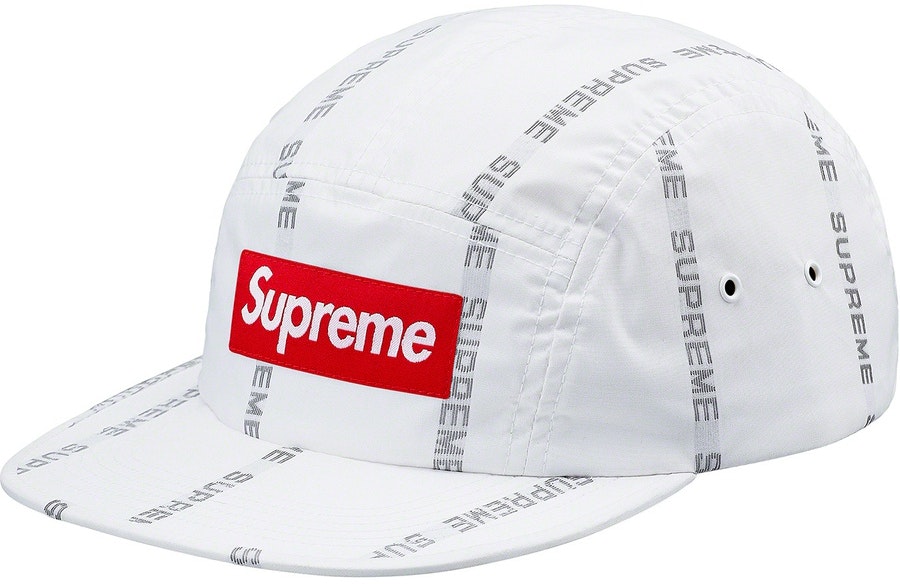 supreme-reflective-text-stripe-camp-cap-white
