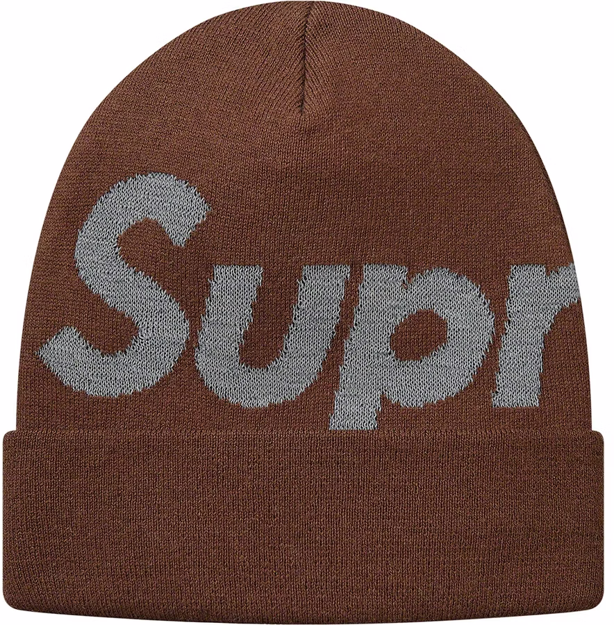 supreme-reflective-big-logo-beanie-brown