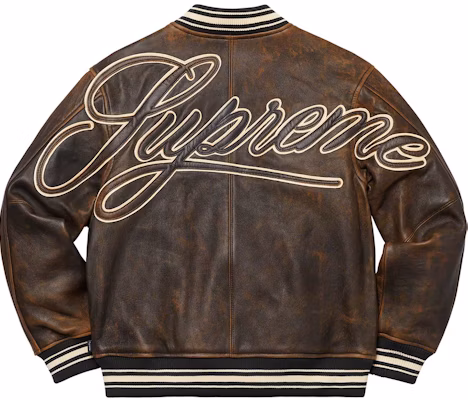 Supreme worn leather varsity Clearance