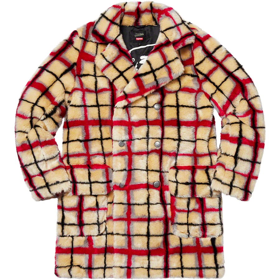 Supreme Jean Paul Gaultier Double Breasted Plaid Faux Fur Coat Off