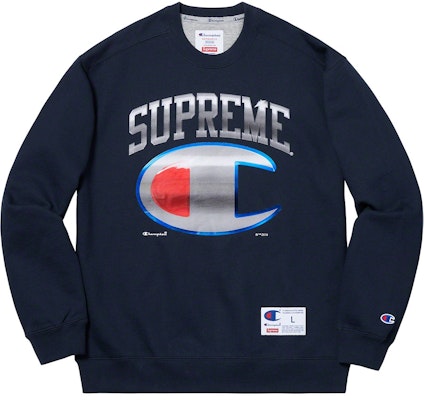 Supreme x Champion Chrome Crewneck Navy Buy Supreme x Champion Chrome Crewneck Navy