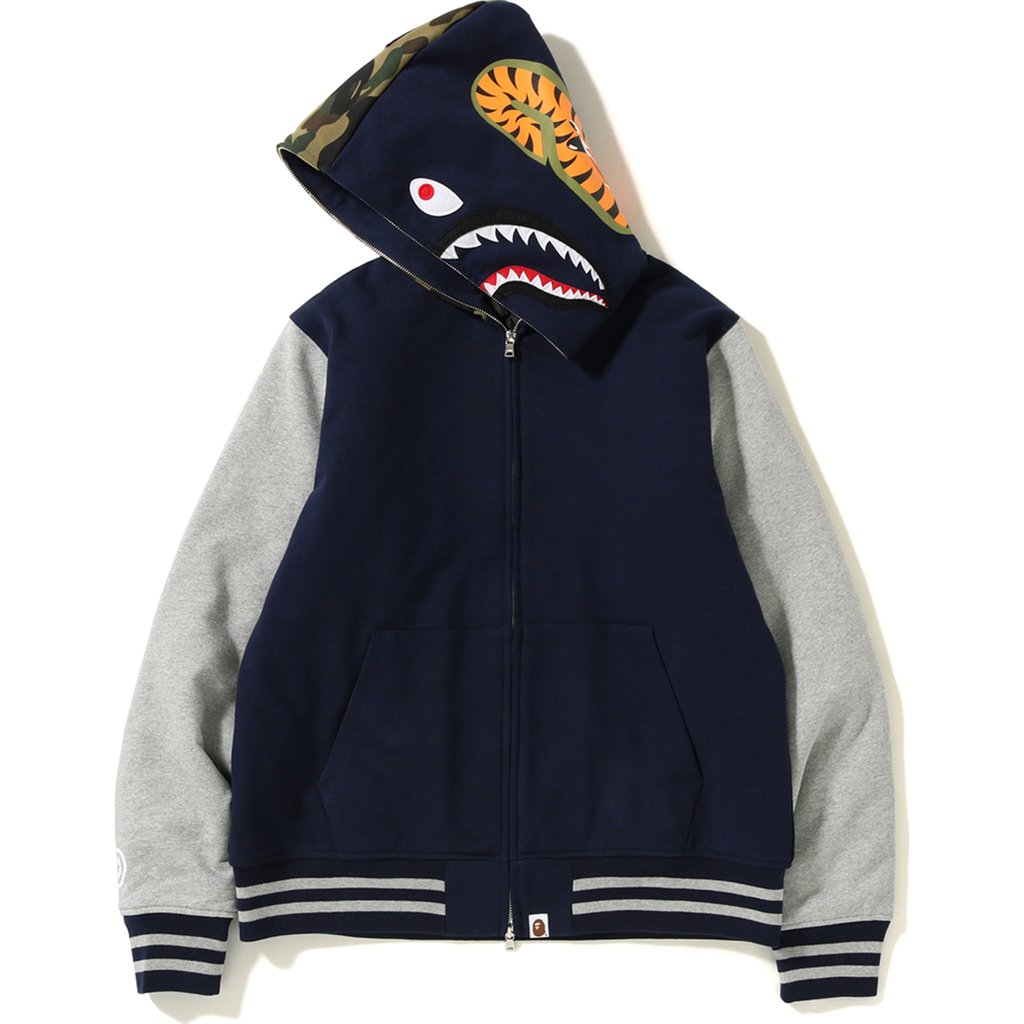 BAPE Shark Sweat Varsity Hoodie Jacket Navy Grey Novelship