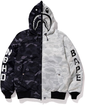 BAPE x NEIGHBORHOOD Down Shark Jacket Black White Buy BAPE x NEIGHBORHOOD Down Shark Jacket Black White