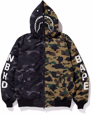 BAPE x NEIGHBORHOOD Down Shark Jacket Black Green Buy BAPE x NEIGHBORHOOD Down Shark Jacket Black Green