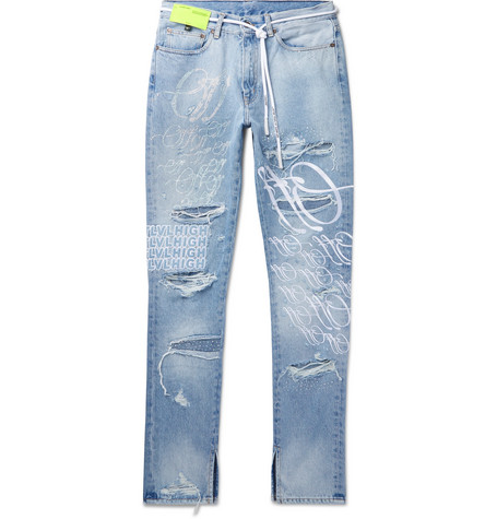 Off‑White EV BRAVADO Crystal Distressed Denim Jeans Light Blue