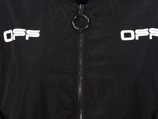 Off-White Cropped Varsity Bomber Jacket Black/White Order Off-White Cropped Varsity Bomber Jacket Black/White