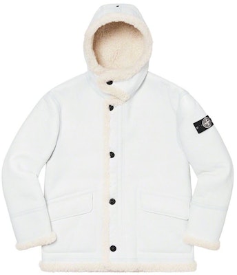 Supreme stone island hand painted hooded shearling jacket black Clearance