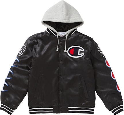 Supreme Champion Hooded Satin Varsity Jacket Black Novelship