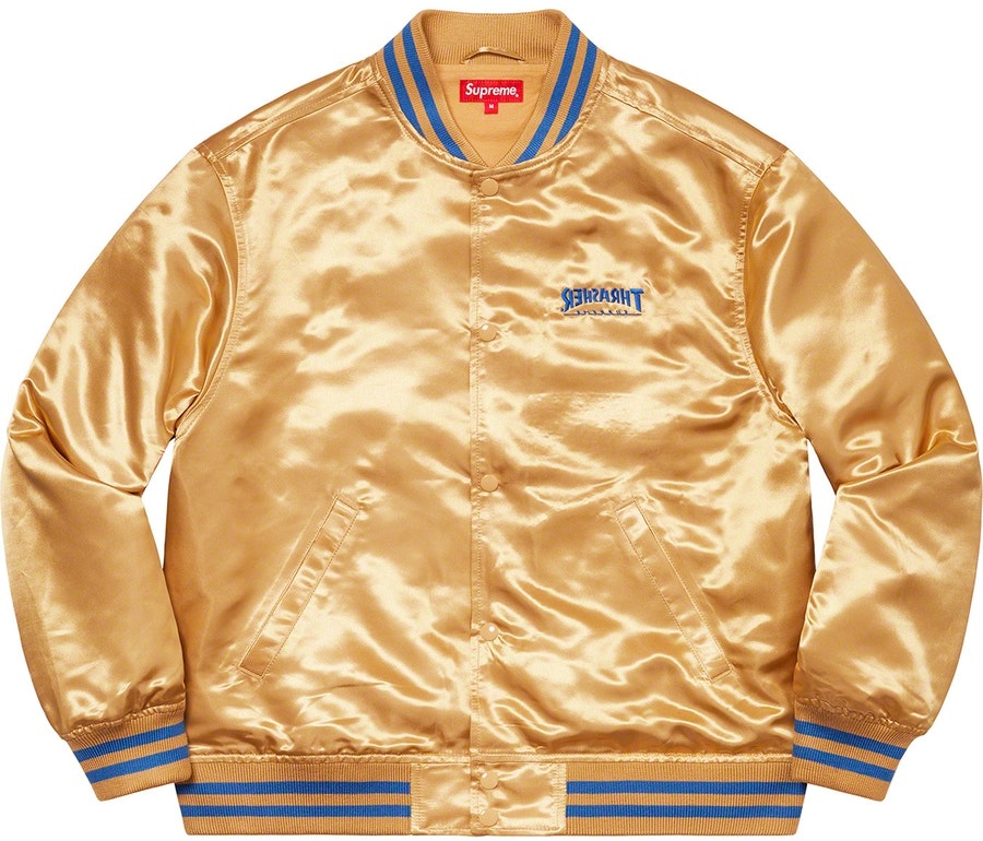 supreme-thrasher-satin-varsity-jacket-gold