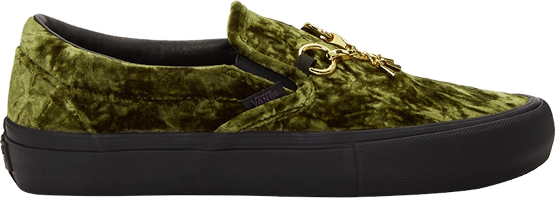 Green velvet top vans slip on