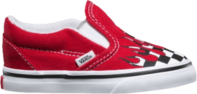 Red slip on vans 2025 checkered flames