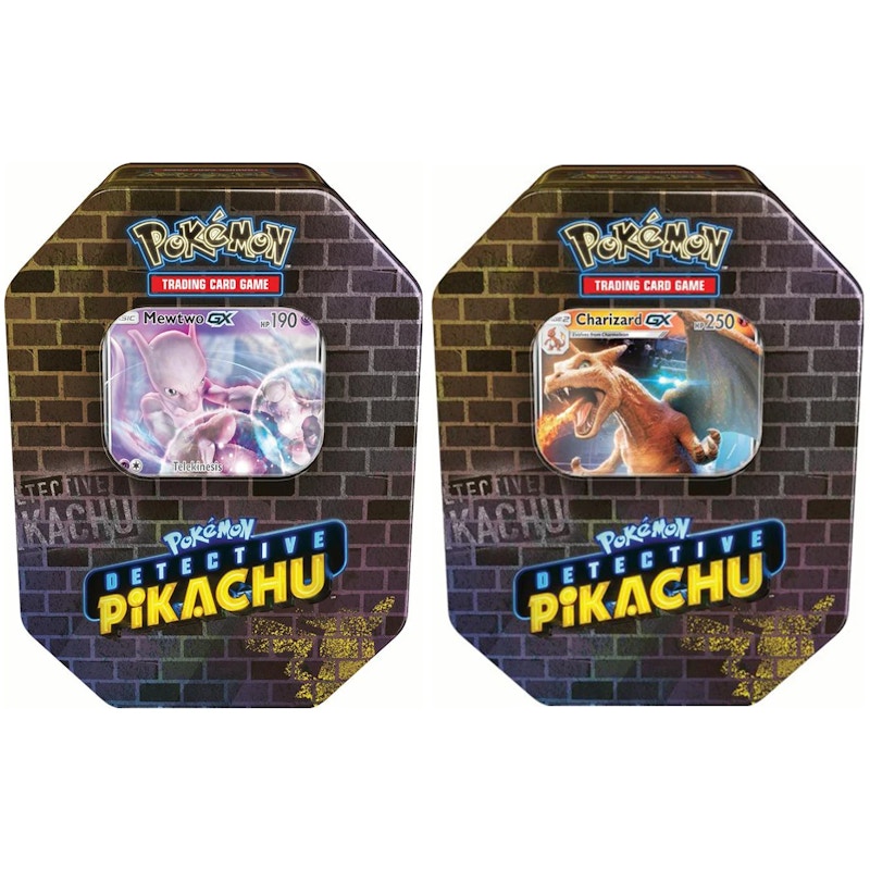 2019 Pokemon TCG Detective Pikachu Tin Charizard GX/Mewtwo GX Lot