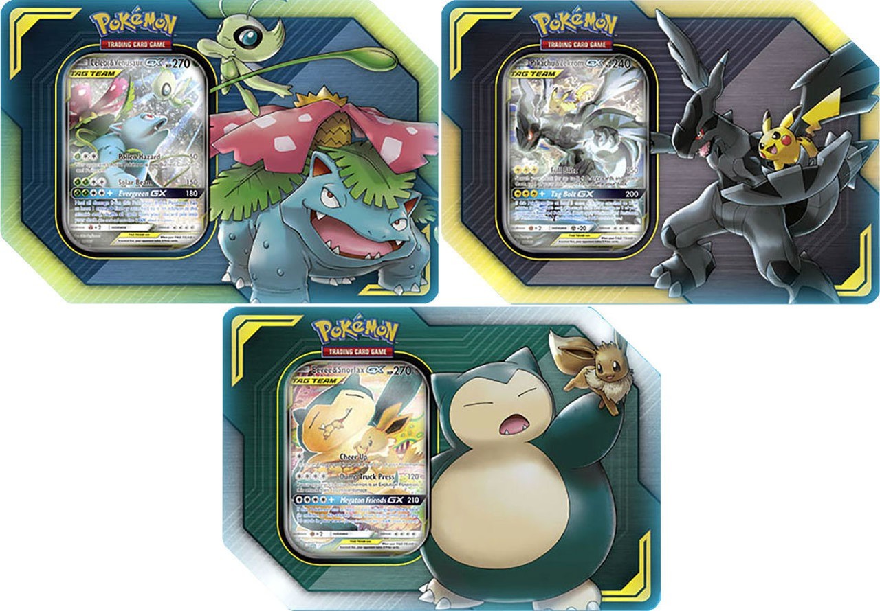 2019 Pokemon TCG TAG TEAM Tins Pikachu & Zekrom GX/Eevee & Snorlax GX ...