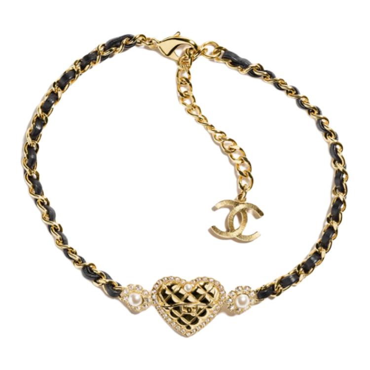 【24A】 CHANEL Heart Design Metal Lambskin Crystal Glass Pearl Rhinestone Necklace ABC855-B15855-NV516