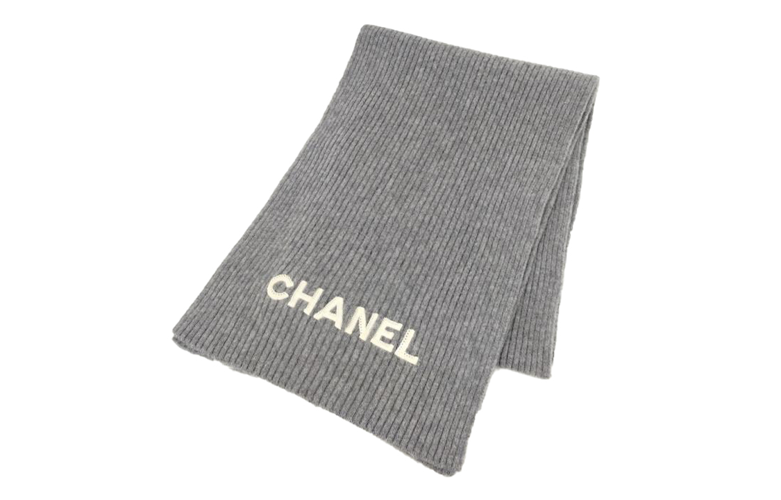 【24C New】CHANEL Ribbed Knit Embroidered Logo Scarf Unisex Couple Design Grey AA8445B08819NJ607