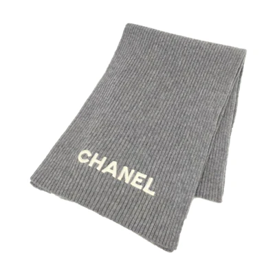 【24C New】CHANEL Ribbed Knit Embroidered Logo Scarf Unisex Couple Design Grey AA8445B08819NJ607