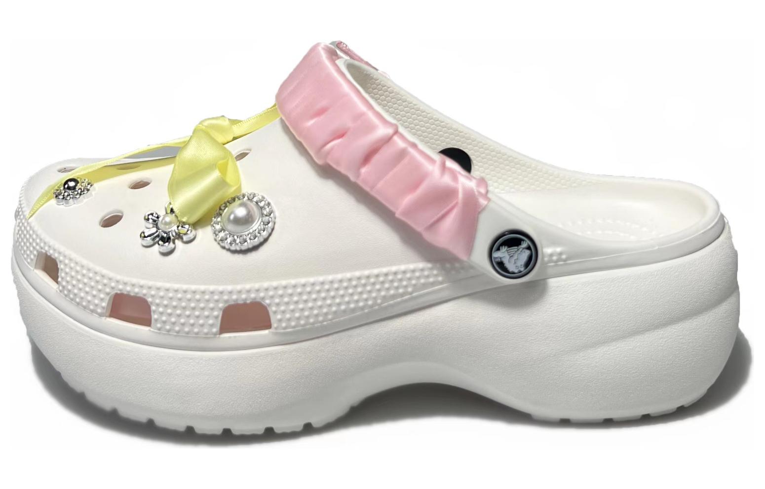 [Custom] Crocs Classic Platform Clog White Ribbon Aesthetic Clogs. 206750-100 (Team240 - Ribbon Girl)