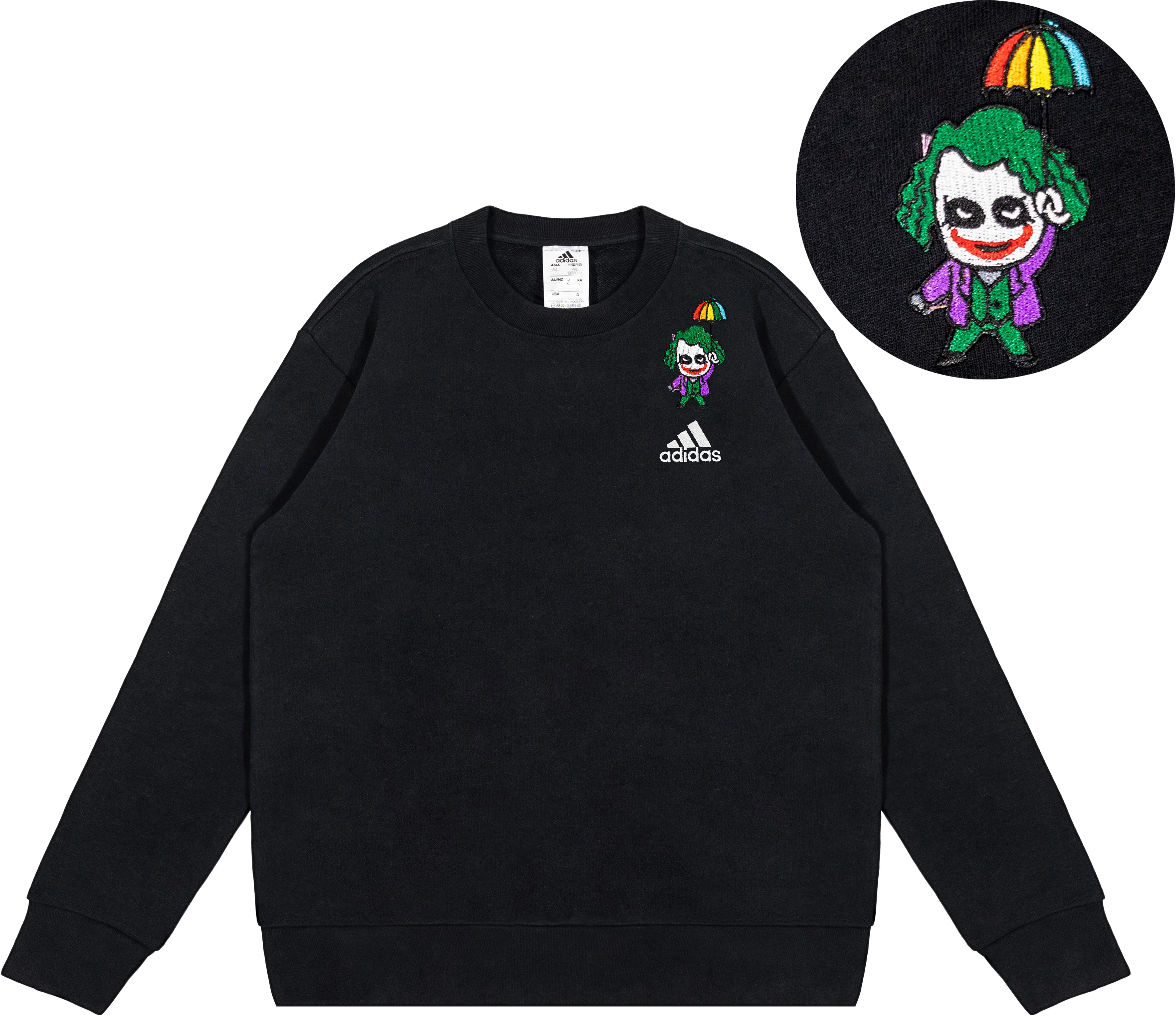 custom-apparel-adidas-embroidered-clown-streetwear-loose-pullover-crewneck-black-ic-9329-team-316-clownwithumbrella