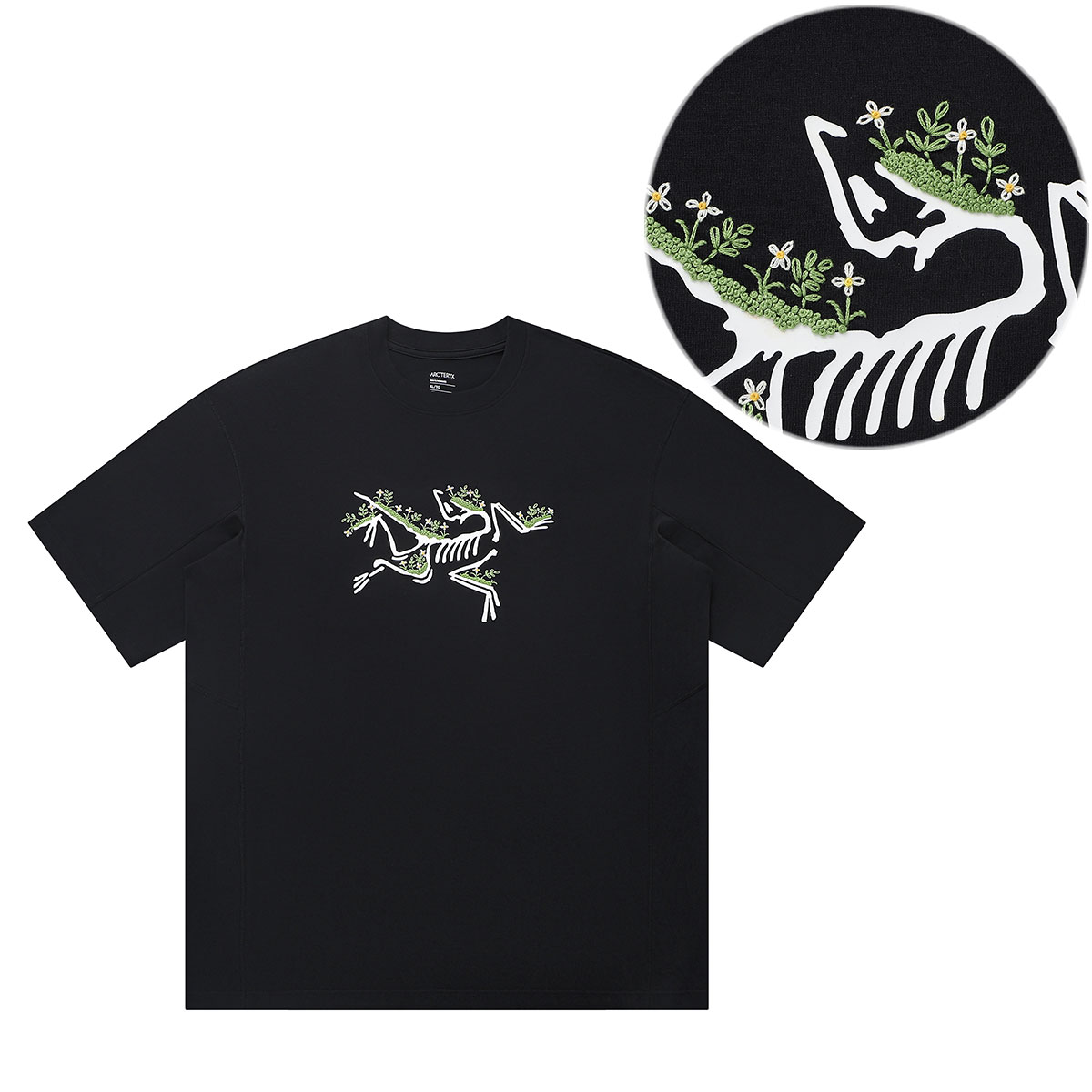 [Custom Apparel] Arcteryx ENVOY ARC'WORD Handmade Embroidery Floral Loose Black Tee X00000800201(Group-224