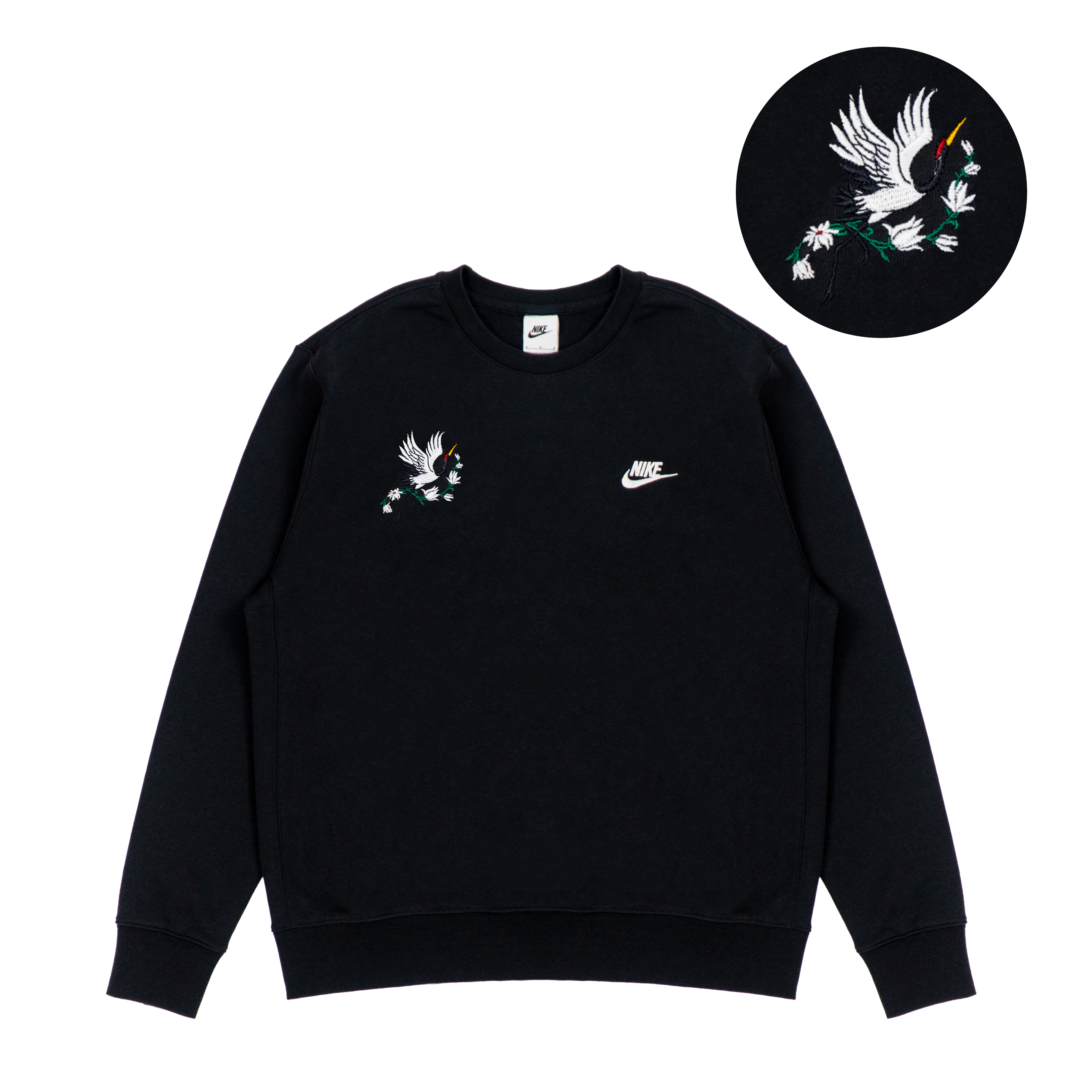 [Custom Apparel] Nike FAntasy Incredible Red-Crowned Crane Embroidered Crewneck Sweater Black Unisex BV2667-010-RED-CROWNEDCRANE