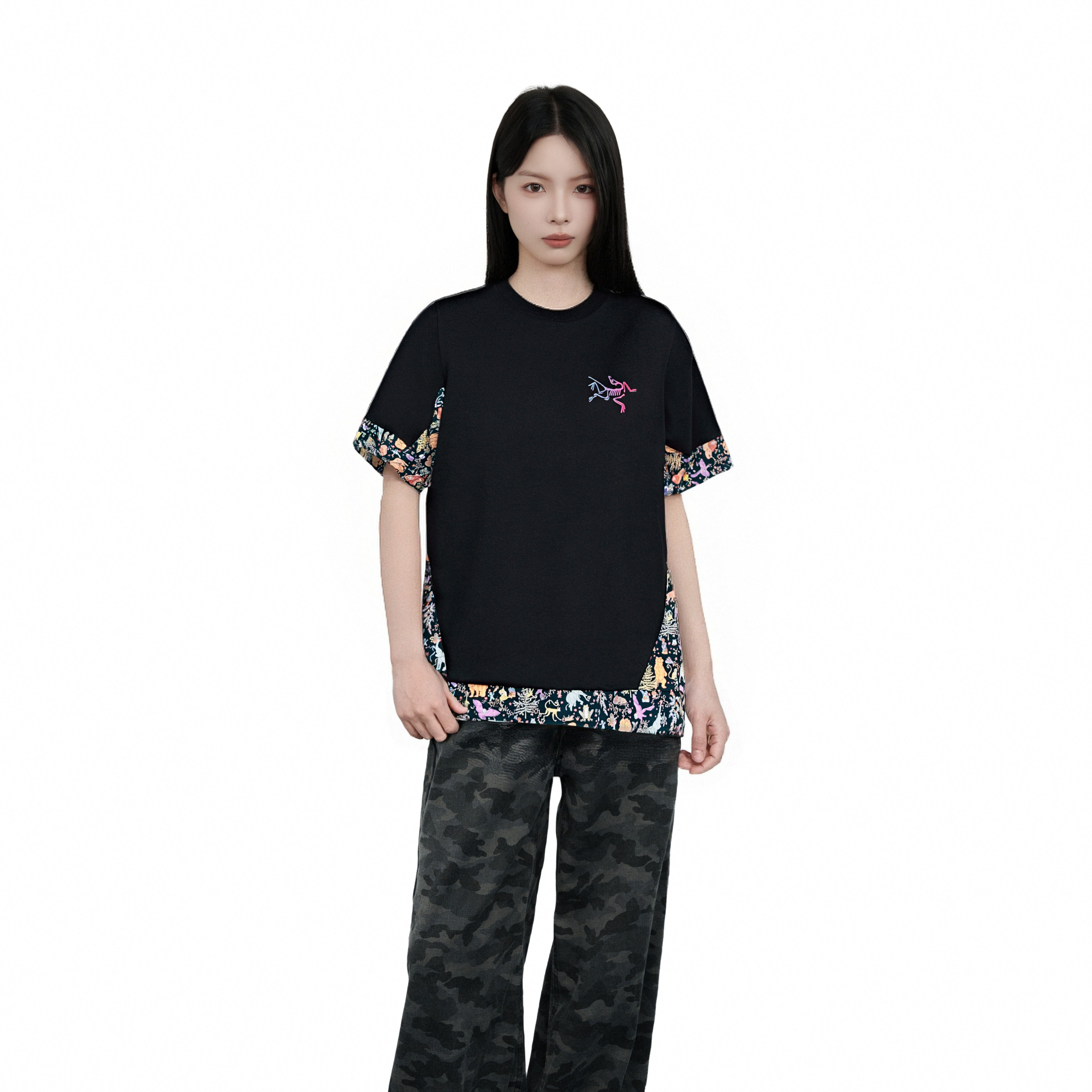 Shop 【Custom Apparel】Arcteryx KRAGG Animal Party Logo Patchwork Unisex Black T-Shirt X000008464(Team226