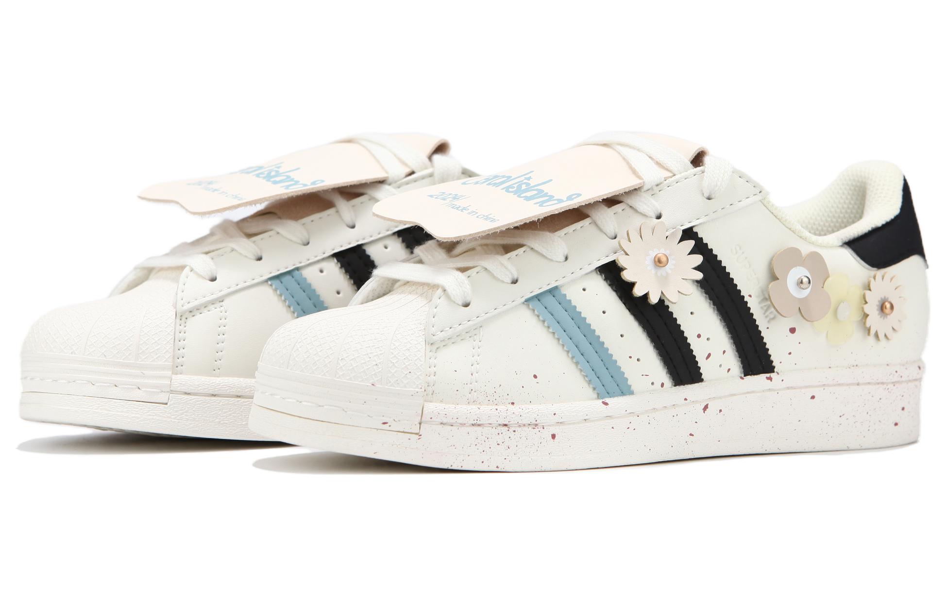 Shop 【訂製球鞋】adidas originals Superstar 火心 小花賓士頭 復古鞋蓋 泼墨 潮流百搭 經典時尚 低筒 板鞋 女款 白色