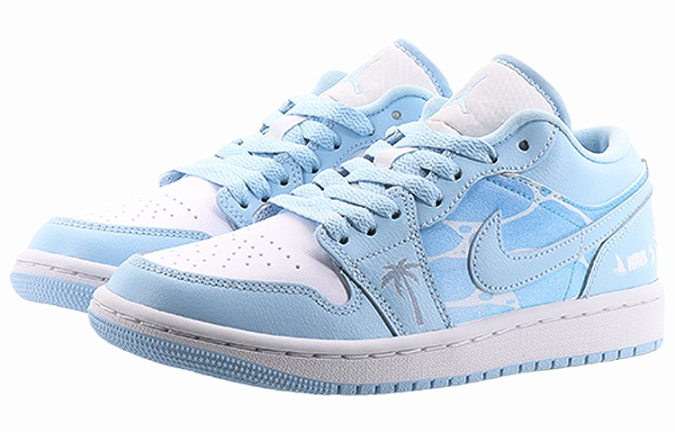 Lookbook (W) [Kasut Kustom] Air Jordan 1 Low 'Pokok Kelapa Pantai Biru UNC' DC0774-141(Team10--海滩椰树）