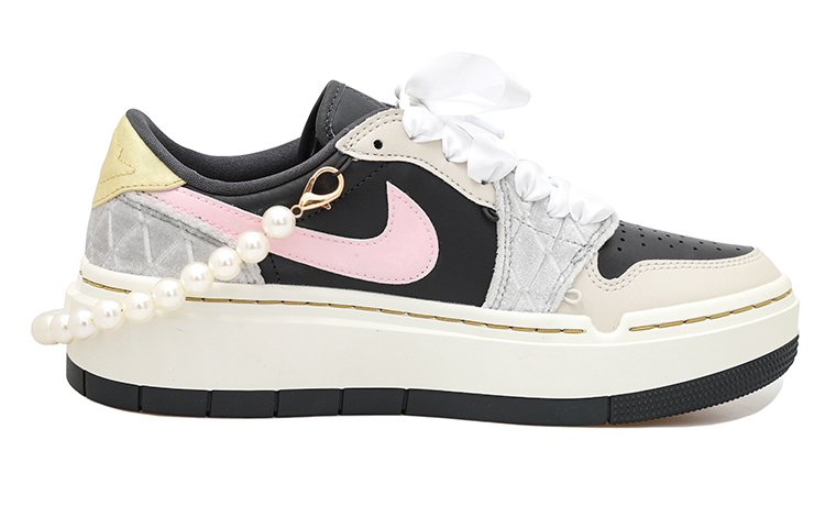 Lookbook 【定製籃球鞋】 Jordan Air Jordan 1 OKHR 珍珠掛飾 絲帶 氣質 增高 低筒 復古籃球鞋 女款 黑灰粉