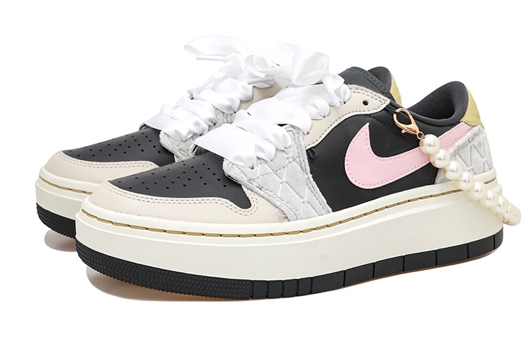 Shop 【定製籃球鞋】 Jordan Air Jordan 1 OKHR 珍珠掛飾 絲帶 氣質 增高 低筒 復古籃球鞋 女款 黑灰粉