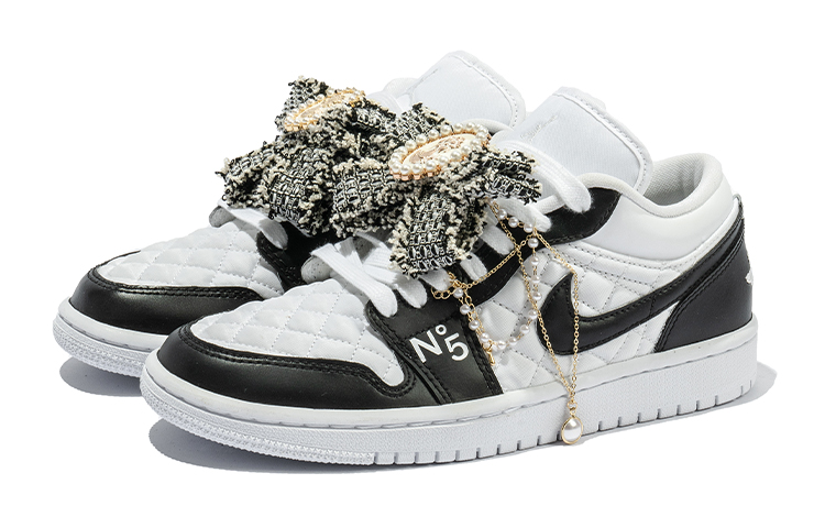 Lookbook (W) [Sepatu Kustom] Air Jordan 1 Low 'Hitam Putih Kustom Pita' DB6480-100(TeamB-女款蝴蝶结)