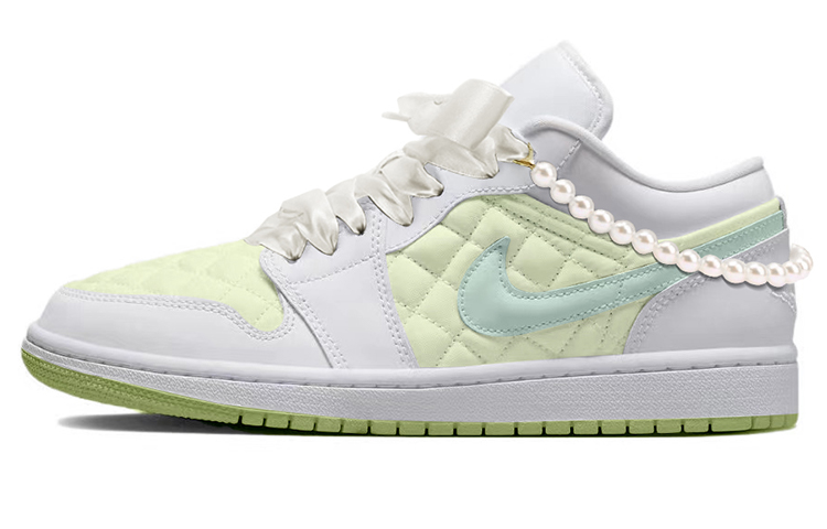 Buy (W) [Sepatu Kustom] Air Jordan 1 Low 'Quilted Triple White' Putih Polos DB6480-100(TeamY-女款小香奈儿粉绿)
