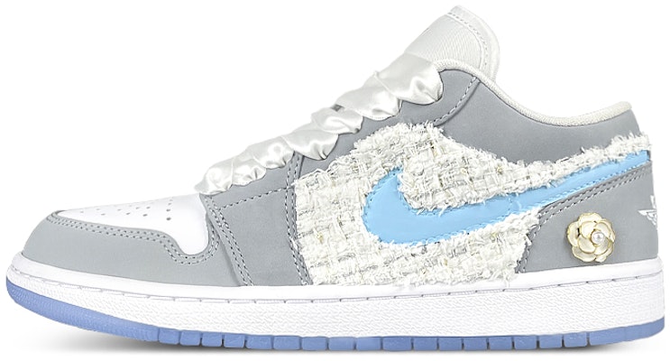 【定制球鞋】Jordan Air Jordan 1 禮盒 貼布 山茶花 低幫 復古籃球鞋 女款 白灰藍 Buy 【定制球鞋】Jordan Air Jordan 1 禮盒 貼布 山茶花 低幫 復古籃球鞋 女款 白灰藍