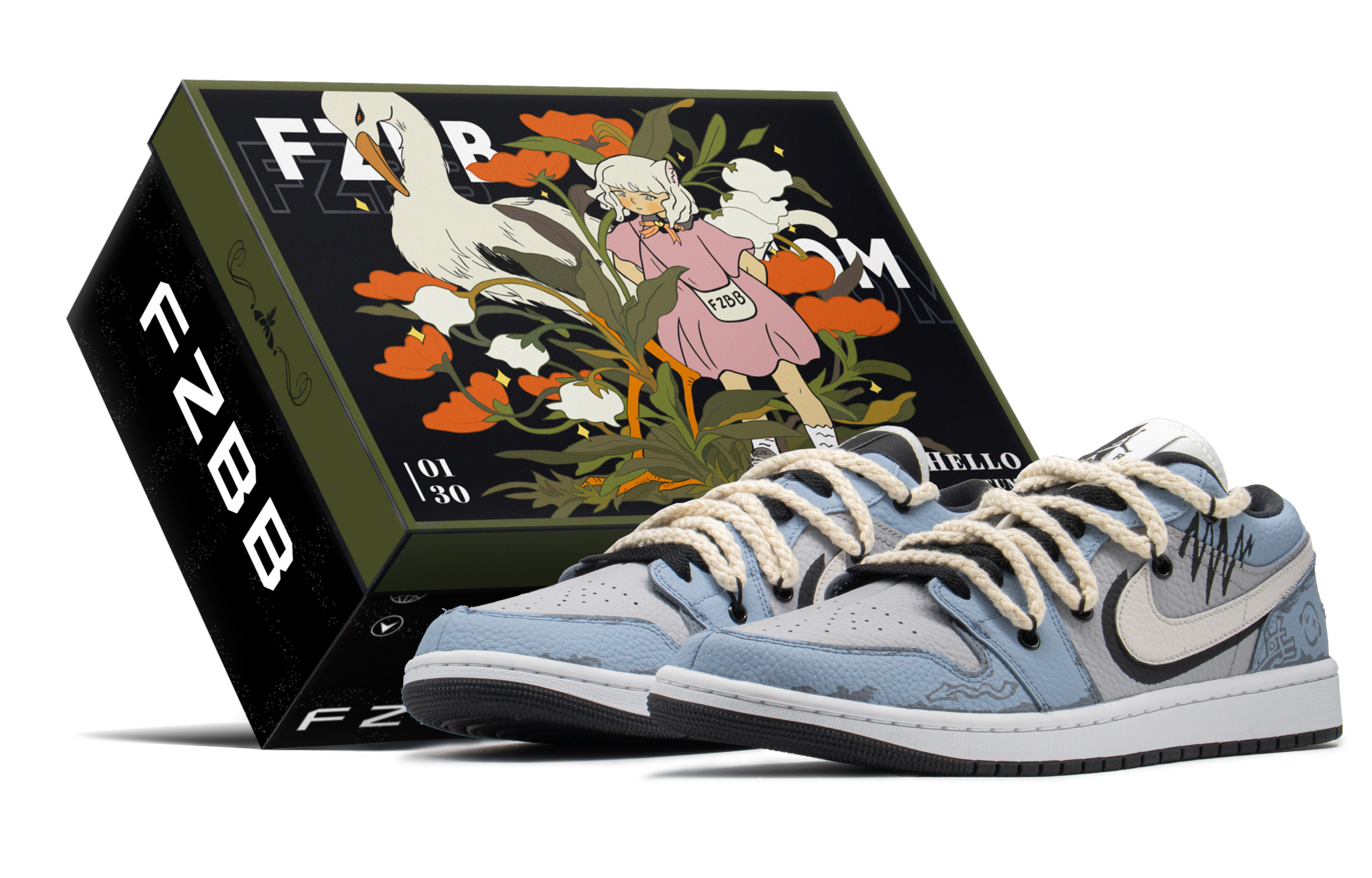 Buy (W) 에어 조던 1 로우 '블루그레이 사운드웨이브 그래피티' (커스텀) DR0502-101(TeamA-AJL蓝灰音波S-BOX)