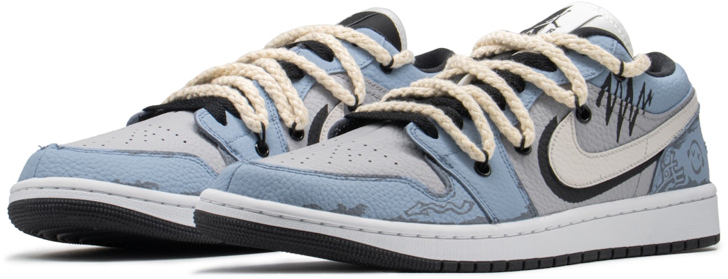 【定製球鞋】 Jordan Air Jordan 1 Low FZBB 特殊禮盒 解構鞋帶 塗鴉音波 低幫 復古籃球鞋 女款 藍灰 Shop 【定製球鞋】 Jordan Air Jordan 1 Low FZBB 特殊禮盒 解構鞋帶 塗鴉音波 低幫 復古籃球鞋 女款 藍灰