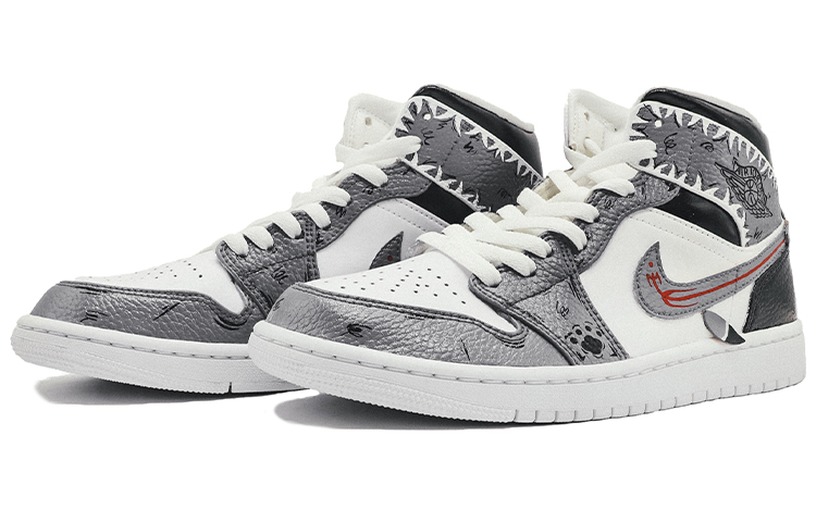 Shop 【定制球鞋】 Jordan Air Jordan 1 Mid 2020款 原創小鯊魚限定 達文西定制 中幫 籃球鞋 女款 純白