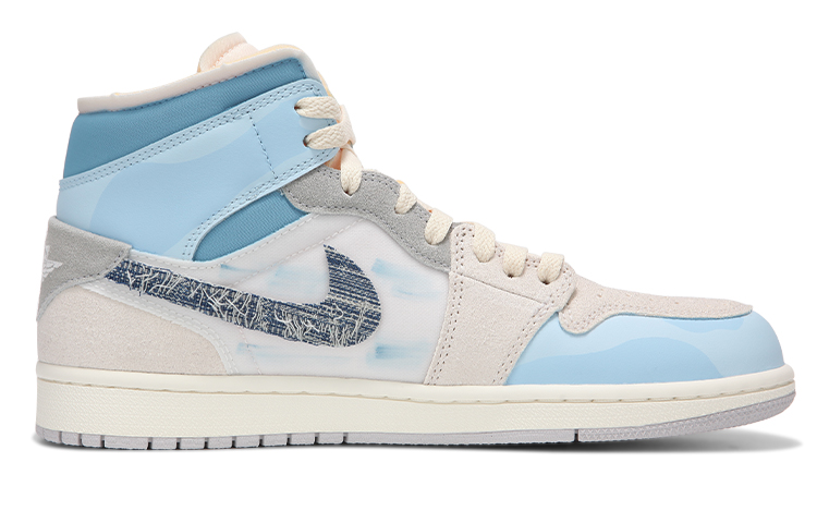 Order 【客製化球鞋】Jordan Air Jordan 1 Mid 火心 破壞風牛仔鉤 子 墨綠色 滑防 中筒 古典籃球鞋 女款 藍灰色