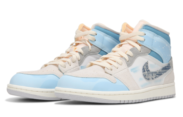 Lookbook 【客製化球鞋】Jordan Air Jordan 1 Mid 火心 破壞風牛仔鉤 子 墨綠色 滑防 中筒 古典籃球鞋 女款 藍灰色