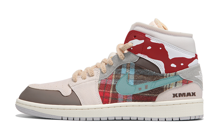 Buy 【定制球鞋】Jordan Air Jordan 1 Mid NO.205定制 聖誕節 格子 拼接解構 復古 中幫 復古籃球鞋 女款 米紅色