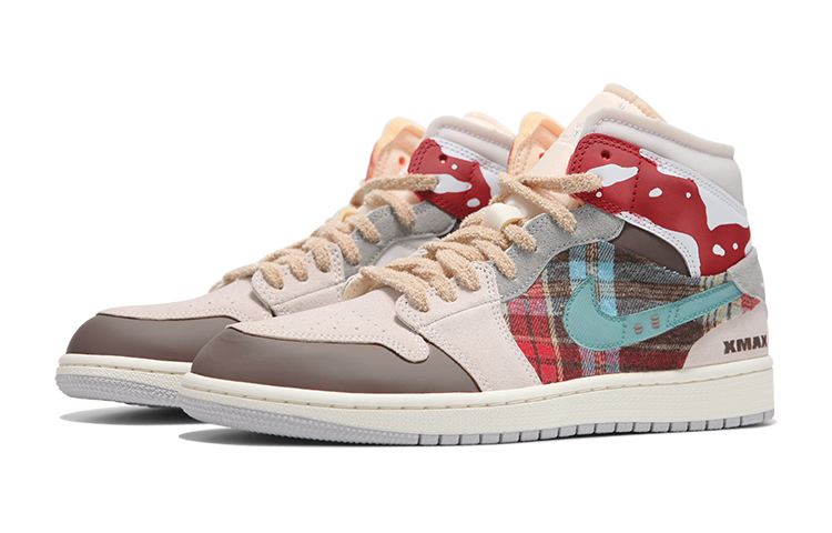Lookbook 【定制球鞋】Jordan Air Jordan 1 Mid NO.205定制 聖誕節 格子 拼接解構 復古 中幫 復古籃球鞋 女款 米紅色