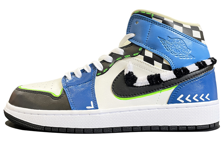 Buy 【定製球鞋】Air Jordan 1 Mid "Coconut Milk" 機能格紋 扭扭棒 螢光勾邊 百搭 情侶款 手繪塗鴉 中幫 復古籃球鞋 女款 藍黑