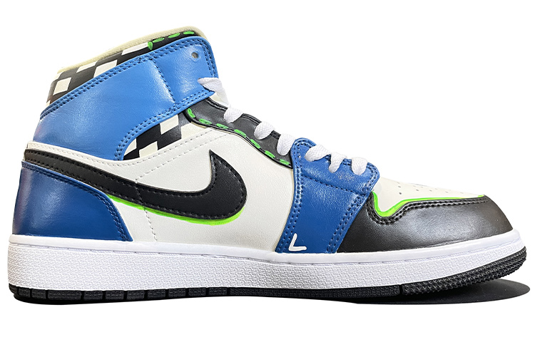 Order 【定製球鞋】Air Jordan 1 Mid "Coconut Milk" 機能格紋 扭扭棒 螢光勾邊 百搭 情侶款 手繪塗鴉 中幫 復古籃球鞋 女款 藍黑