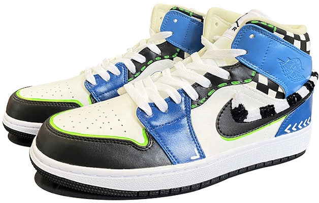 【定製球鞋】Air Jordan 1 Mid "Coconut Milk" 機能格紋 扭扭棒 螢光勾邊 百搭 情侶款 手繪塗鴉 中幫 復古籃球鞋 女款 藍黑 Lookbook 【定製球鞋】Air Jordan 1 Mid "Coconut Milk" 機能格紋 扭扭棒 螢光勾邊 百搭 情侶款 手繪塗鴉 中幫 復古籃球鞋 女款 藍黑