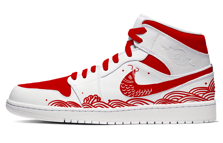 Buy (W) Zapatillas personalizadas Air Jordan 1 Mid 'Pez Saltando el Dragón' 554725-129（Team-E--女款剪纸白红）