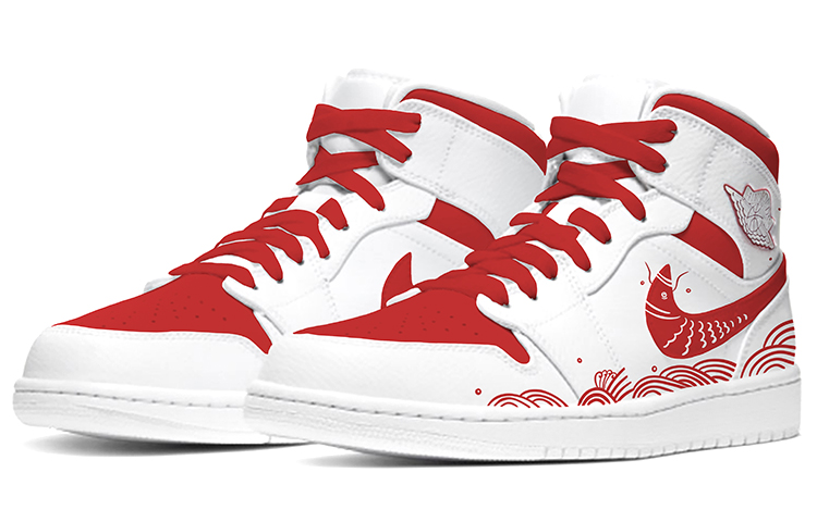 Lookbook (W) Zapatillas personalizadas Air Jordan 1 Mid 'Pez Saltando el Dragón' 554725-129（Team-E--女款剪纸白红）