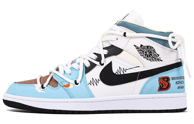 Order 【訂製球鞋】Jordan Air Jordan 1 Mid 怪獸心跳 改色 解構 手繪 撞色 塗鴉 中幫 復古籃球鞋 女款 藍白棕