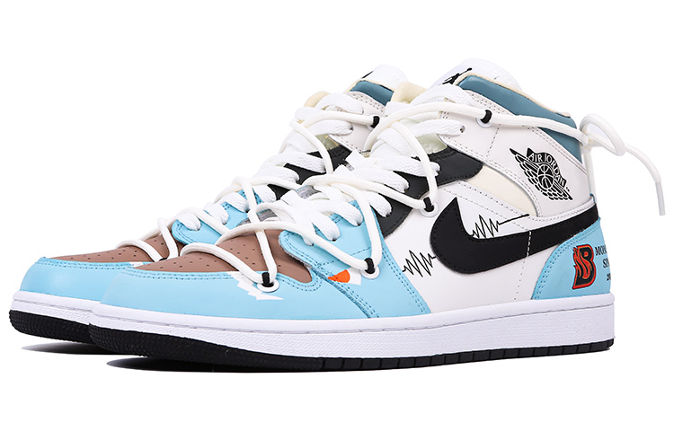 Shop 【訂製球鞋】Jordan Air Jordan 1 Mid 怪獸心跳 改色 解構 手繪 撞色 塗鴉 中幫 復古籃球鞋 女款 藍白棕