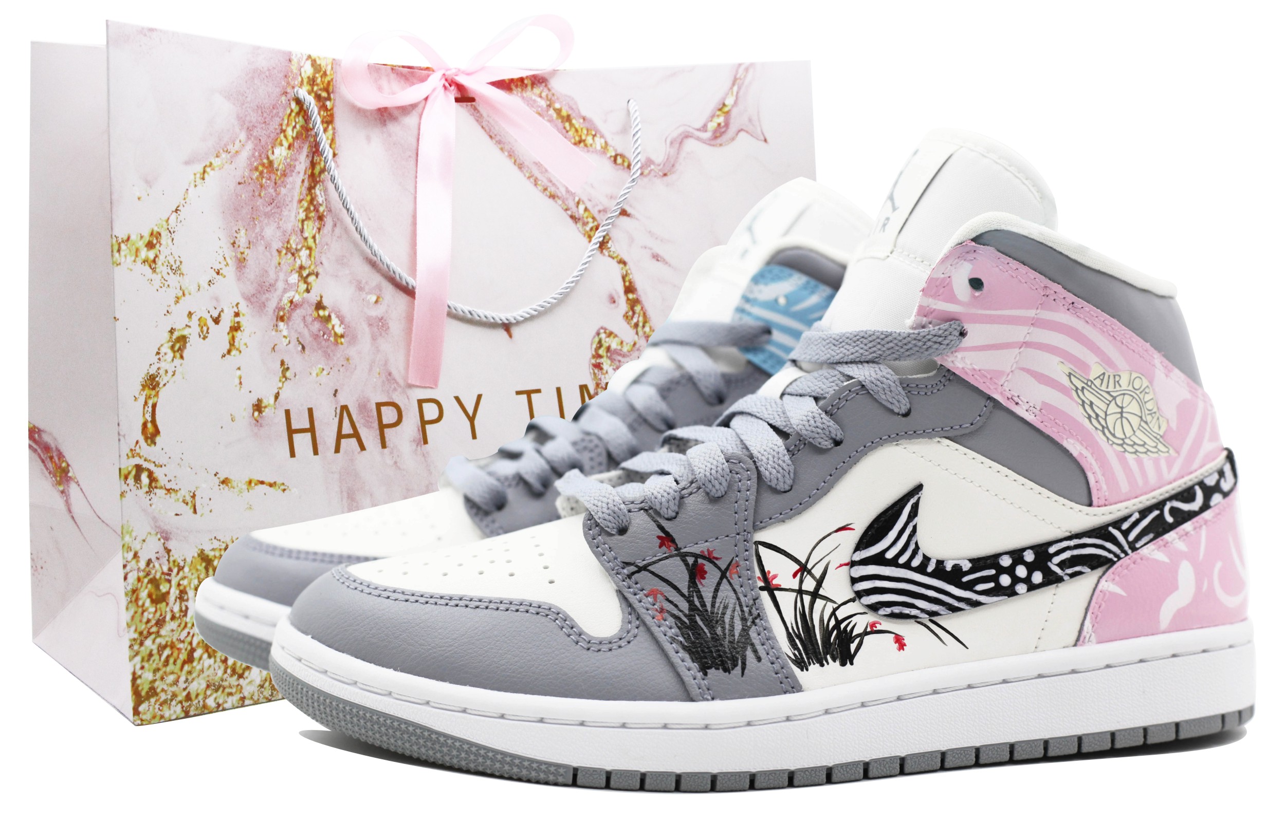 Buy (W) [Kasut Custom] Air Jordan 1 Mid 'Orkid Cloud Brokat Kelabu Putih' BQ6472-115(Team39-AMY72兰花)