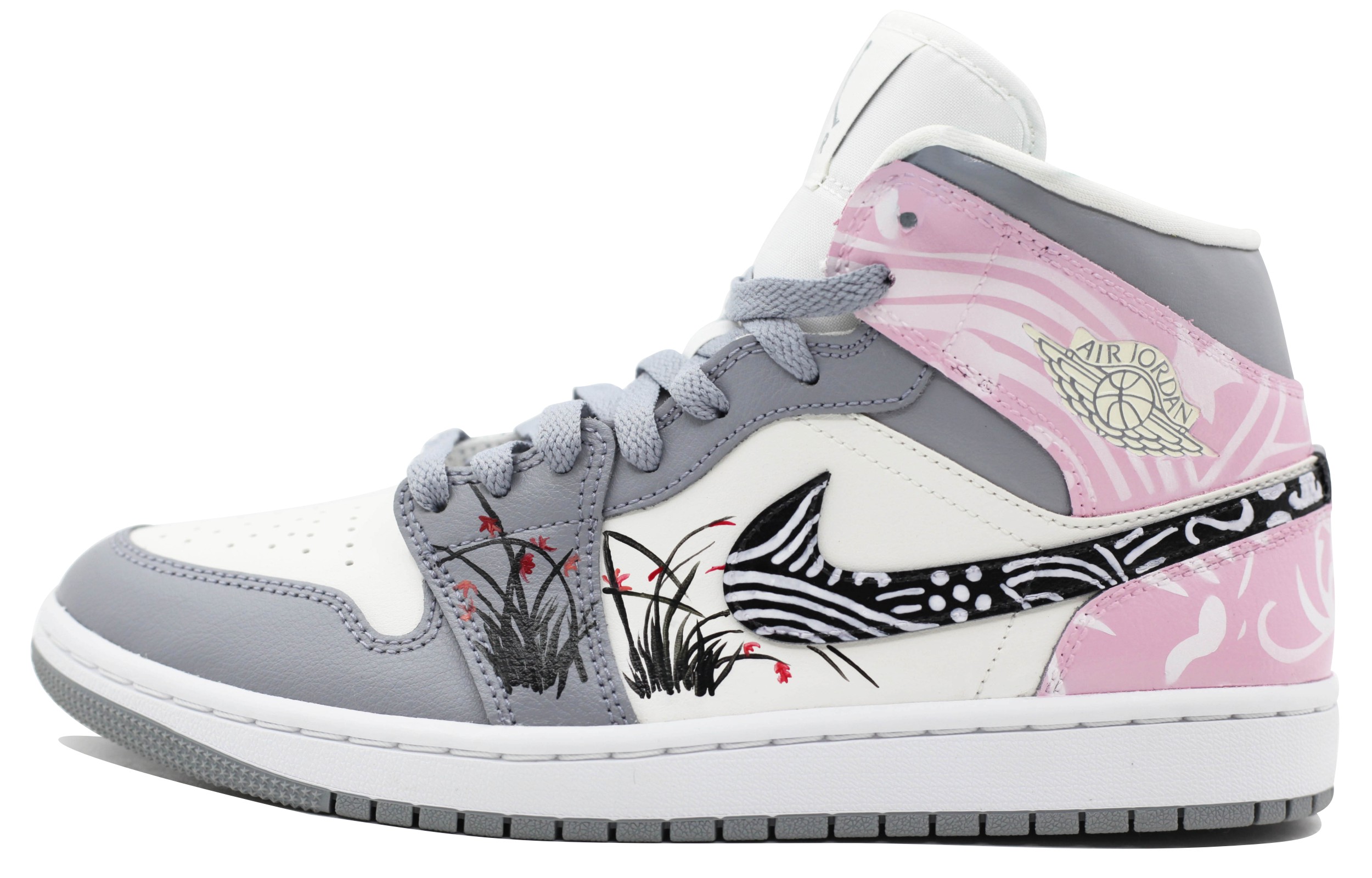 Order (W) [Kasut Custom] Air Jordan 1 Mid 'Orkid Cloud Brokat Kelabu Putih' BQ6472-115(Team39-AMY72兰花)