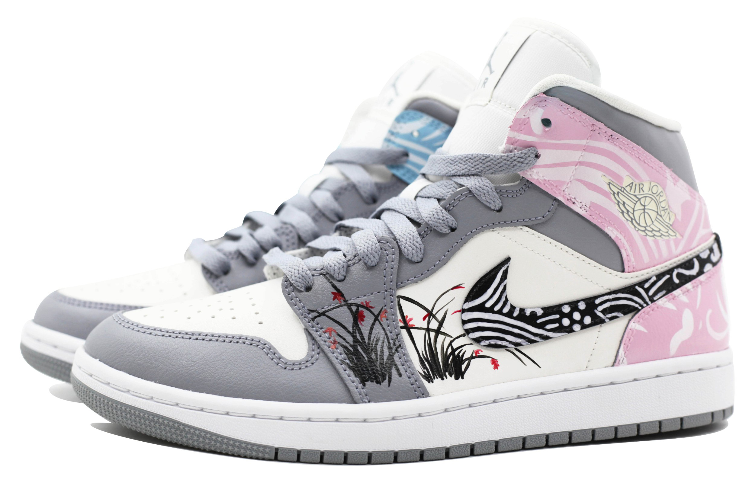 Shop (W) [Kasut Custom] Air Jordan 1 Mid 'Orkid Cloud Brokat Kelabu Putih' BQ6472-115(Team39-AMY72兰花)